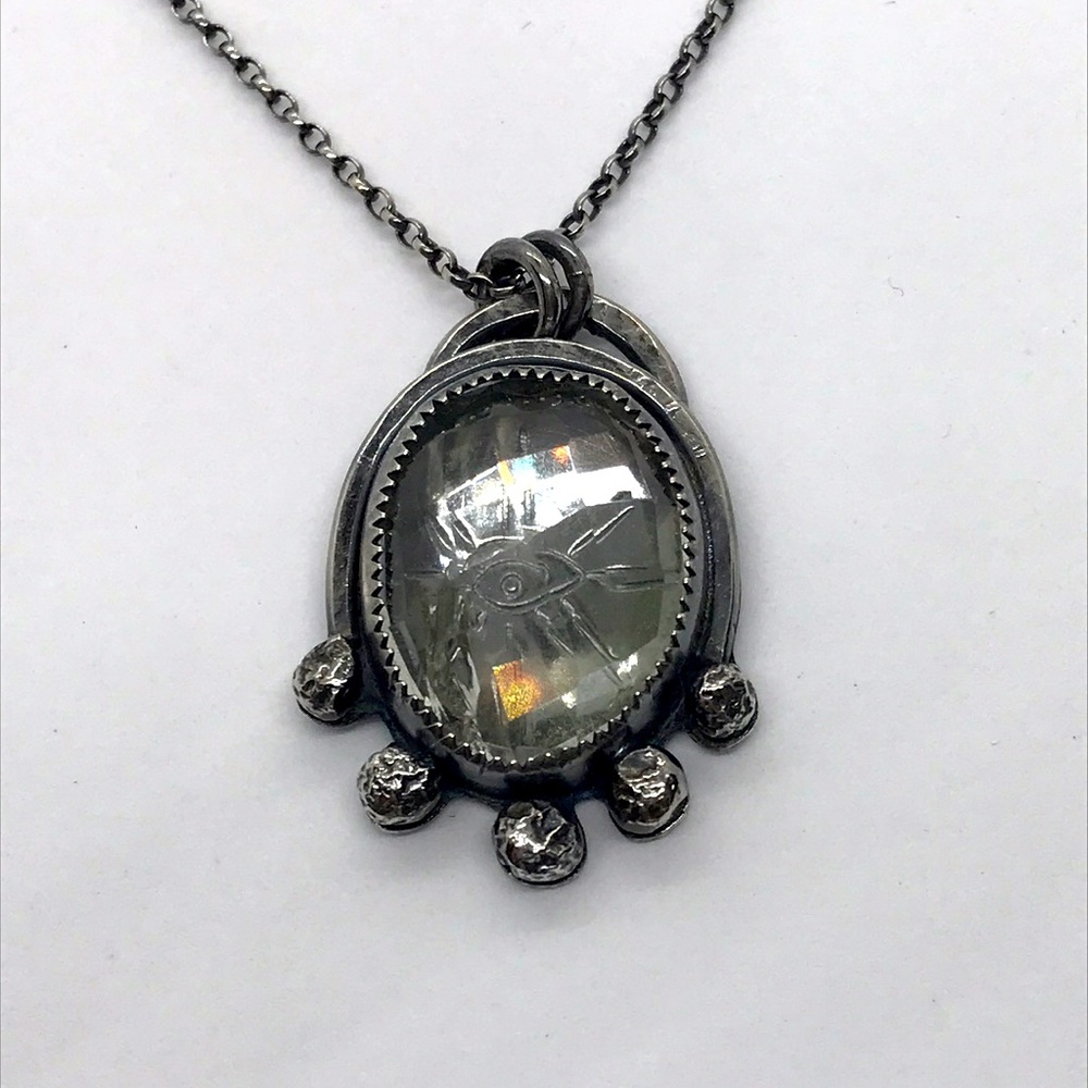 Clear Faceted Quartz Stamped Eye Talisman in Sterling Silver